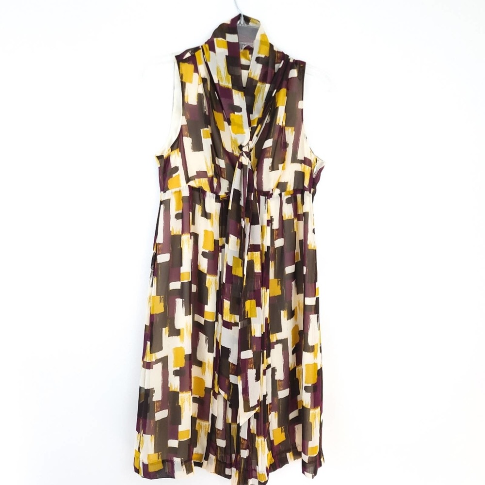 NY & Co Dress Abstract Print Career Sleeveless SZ 4 Multicolor, Neck Tie, Loose